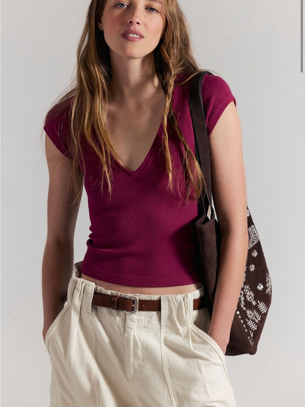 Free People We The Free Posie Berry Ribbed V-Neck Tee Large NWT